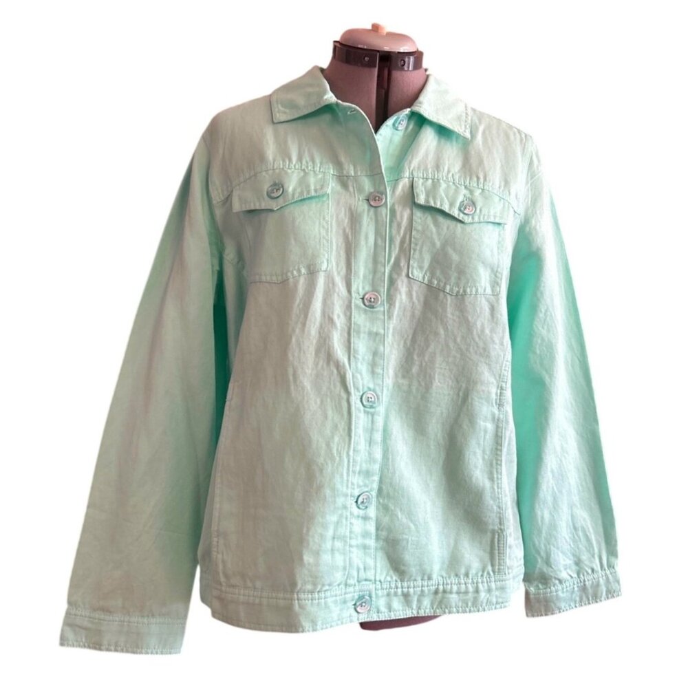 Chicos Mint Green Button-Down Jacket Size 2 (L) Cotton-Linen Blend Made In India